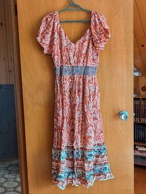 Rust Paisley Midi Dress with Smocked Waist and Flutter Sleeves